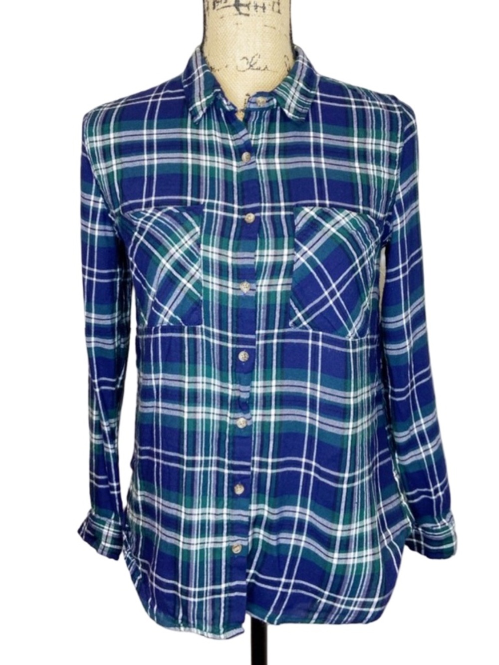 Ambiance Blue & Green Button Down Plaid Long Sleeve Shirt